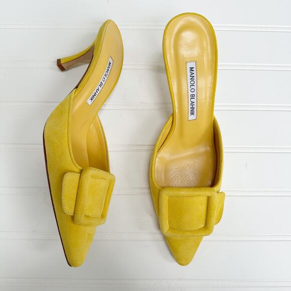 Manolo Blahnik Maysale Yellow Suede Mule Slip-On Kitten Heel Pumps 37.5 Buckle - Picture 2 of 8